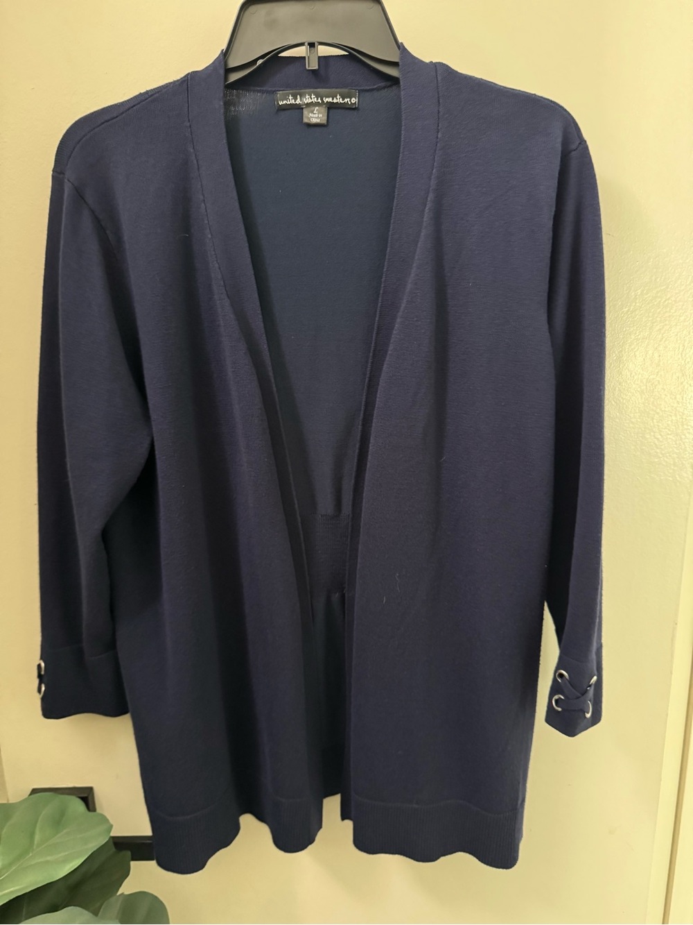 Navy Open-Front Cardigan with Silver Cuff 3/4 Sleeves